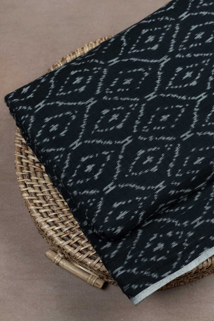 Grey Pattern on Black Ikat Cotton Fabric