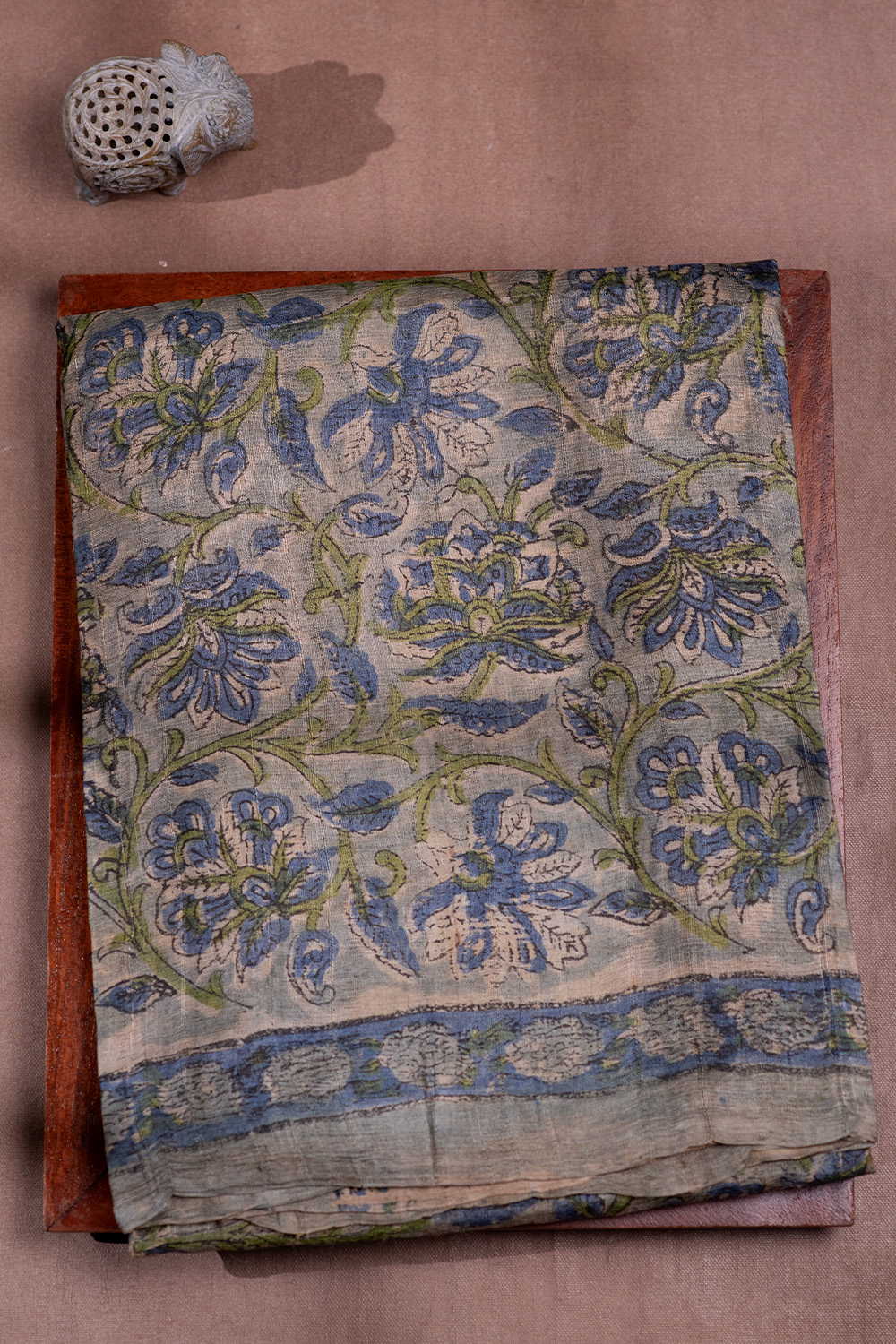 Blue Florals Block Printed Tussar saree