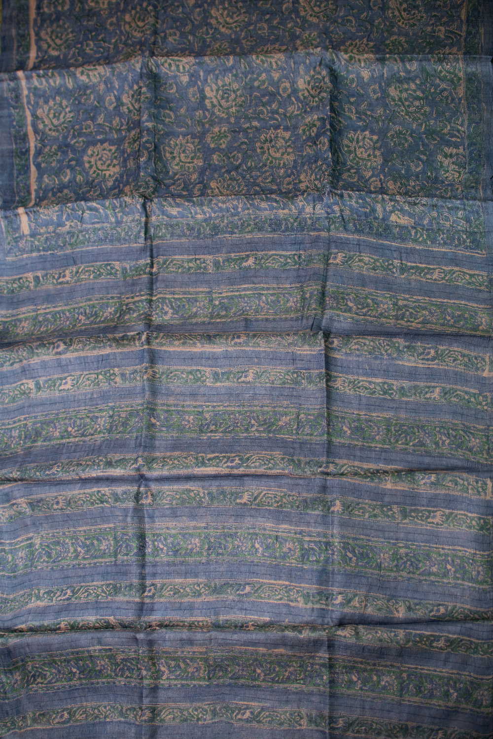 Floral on Blue Block Printed Tussar saree