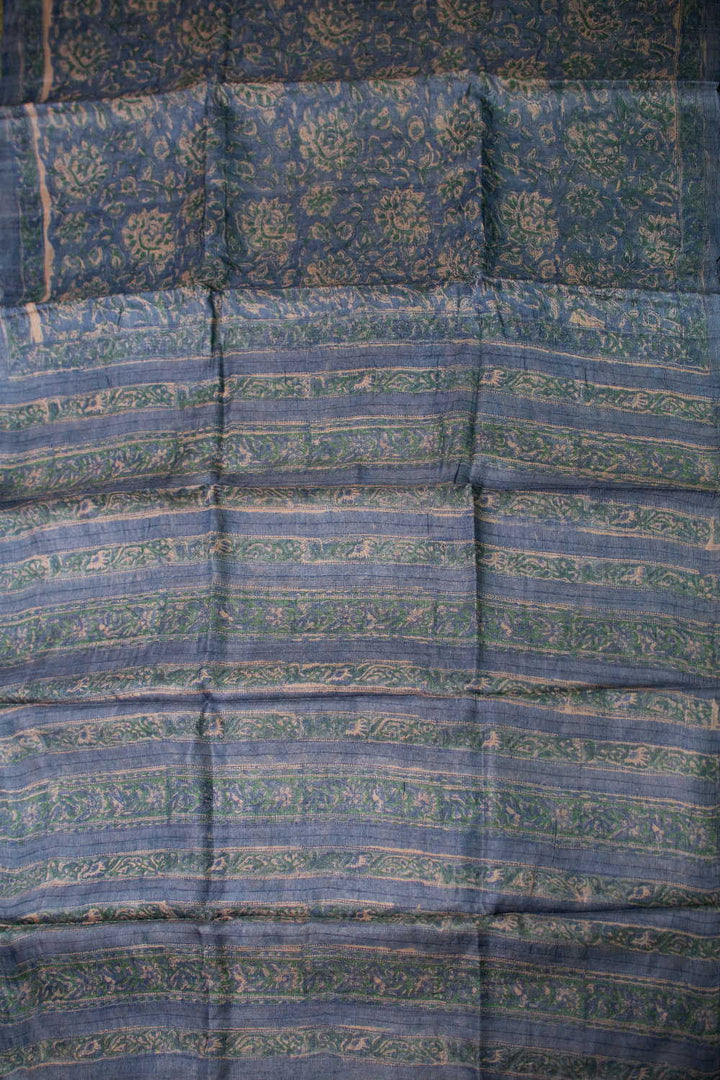 Floral on Blue Block Printed Tussar saree