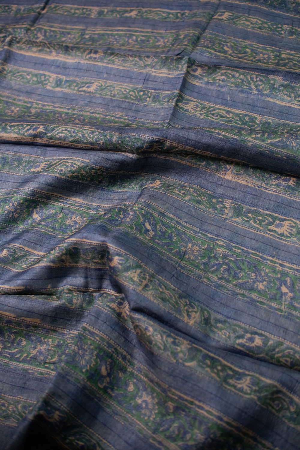 Floral on Blue Block Printed Tussar saree