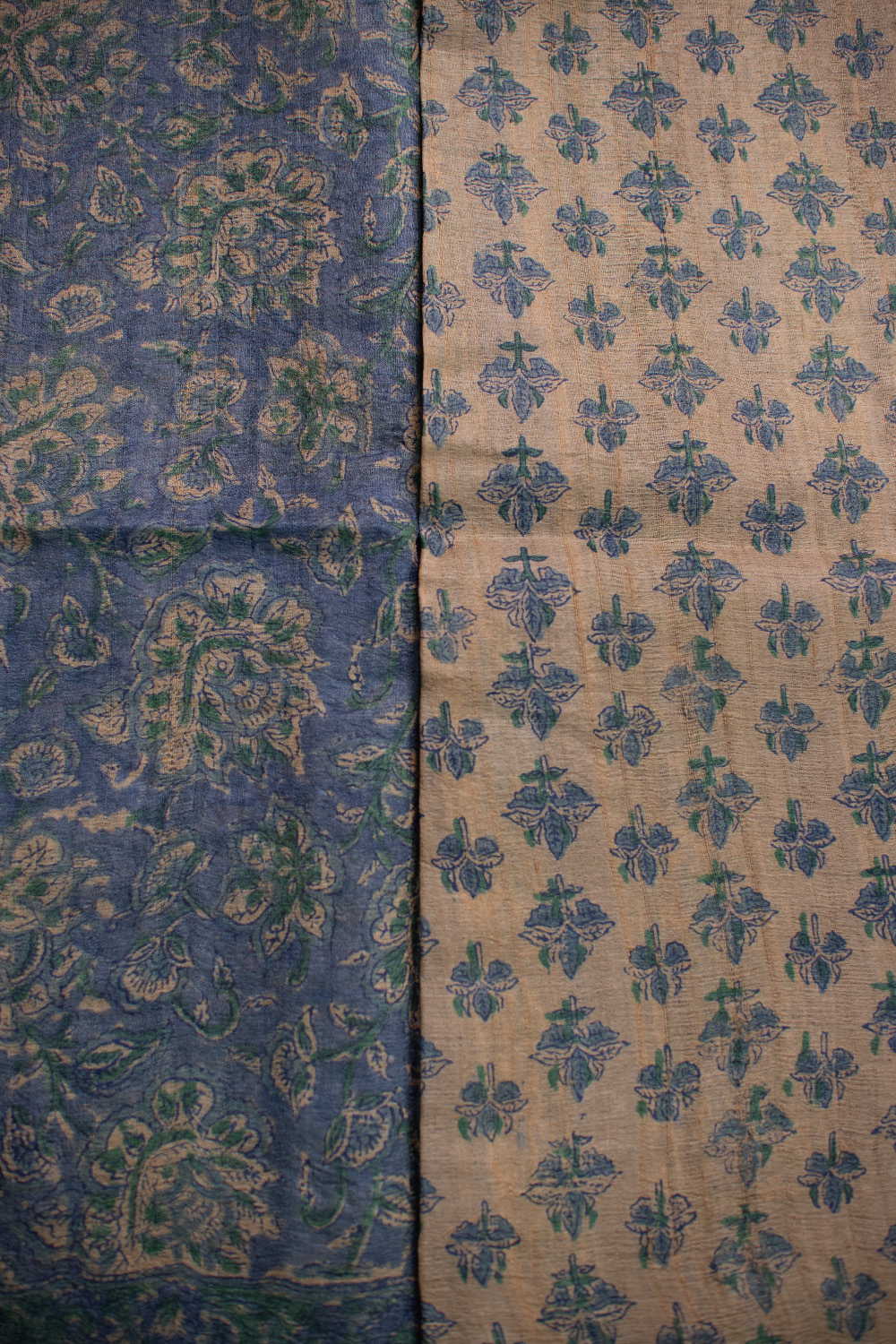 Floral on Blue Block Printed Tussar saree