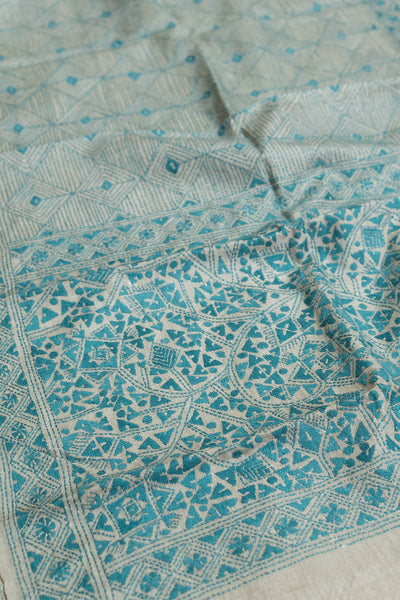 Cream with Blue Patterns Kantha Tussar Stole