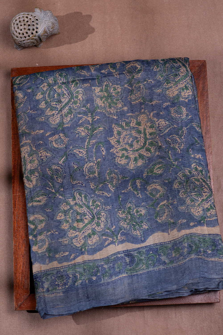 Floral on Blue Block Printed Tussar saree