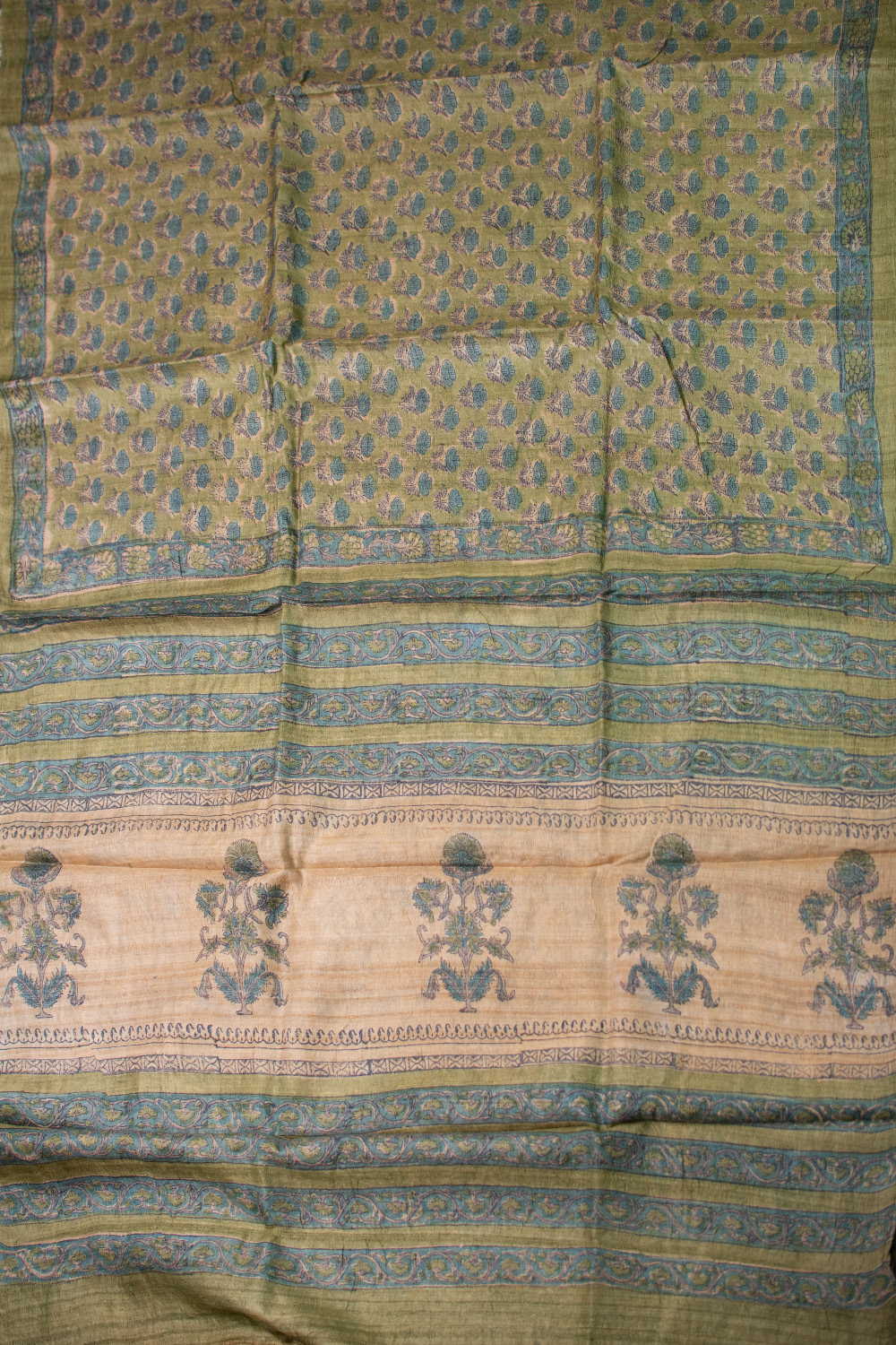 Tiny Floral on Green Block Printed Tussar saree