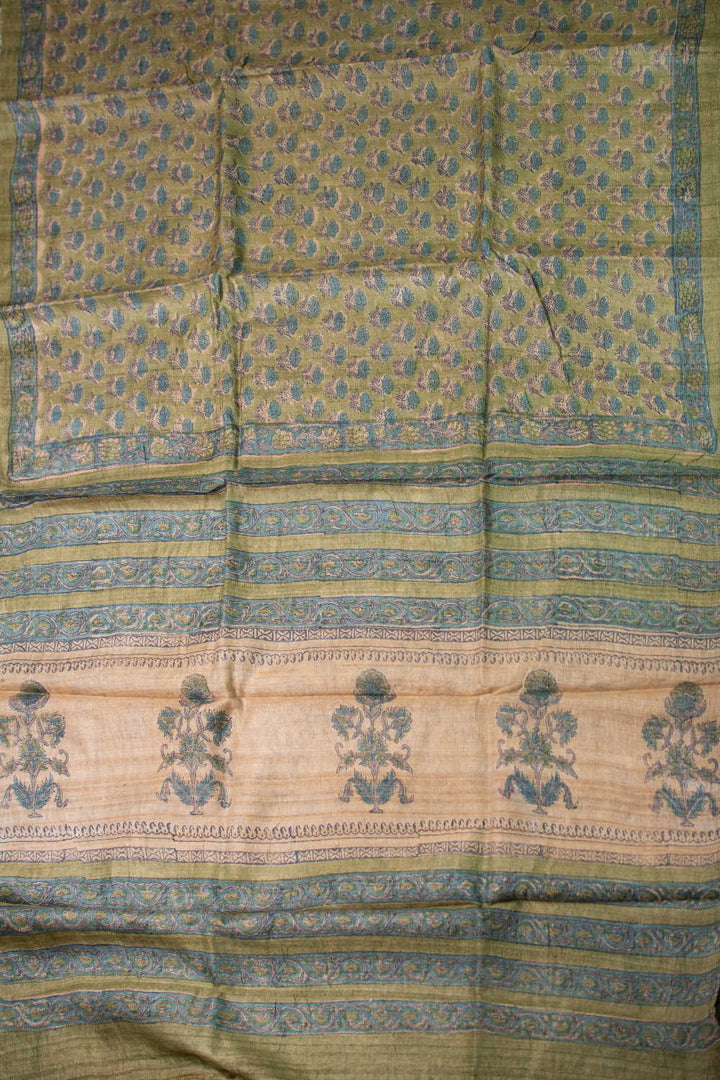 Tiny Floral on Green Block Printed Tussar saree