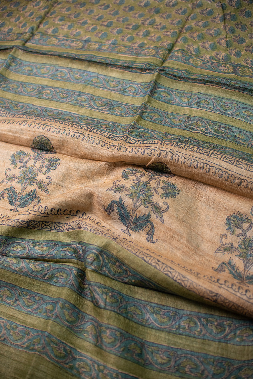 Tiny Floral on Green Block Printed Tussar saree