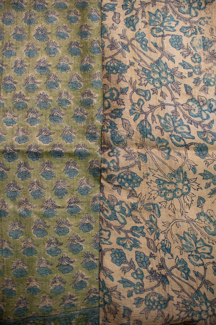 Tiny Floral on Green Block Printed Tussar saree