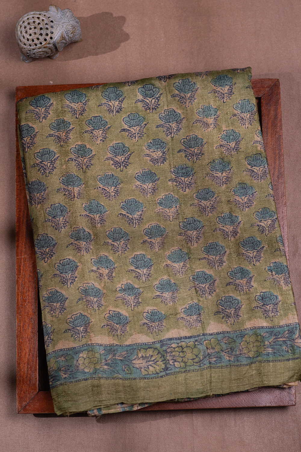 Tiny Floral on Green Block Printed Tussar saree