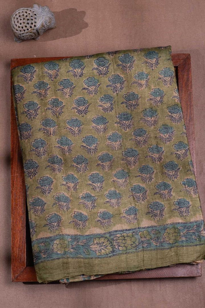 Tiny Floral on Green Block Printed Tussar saree