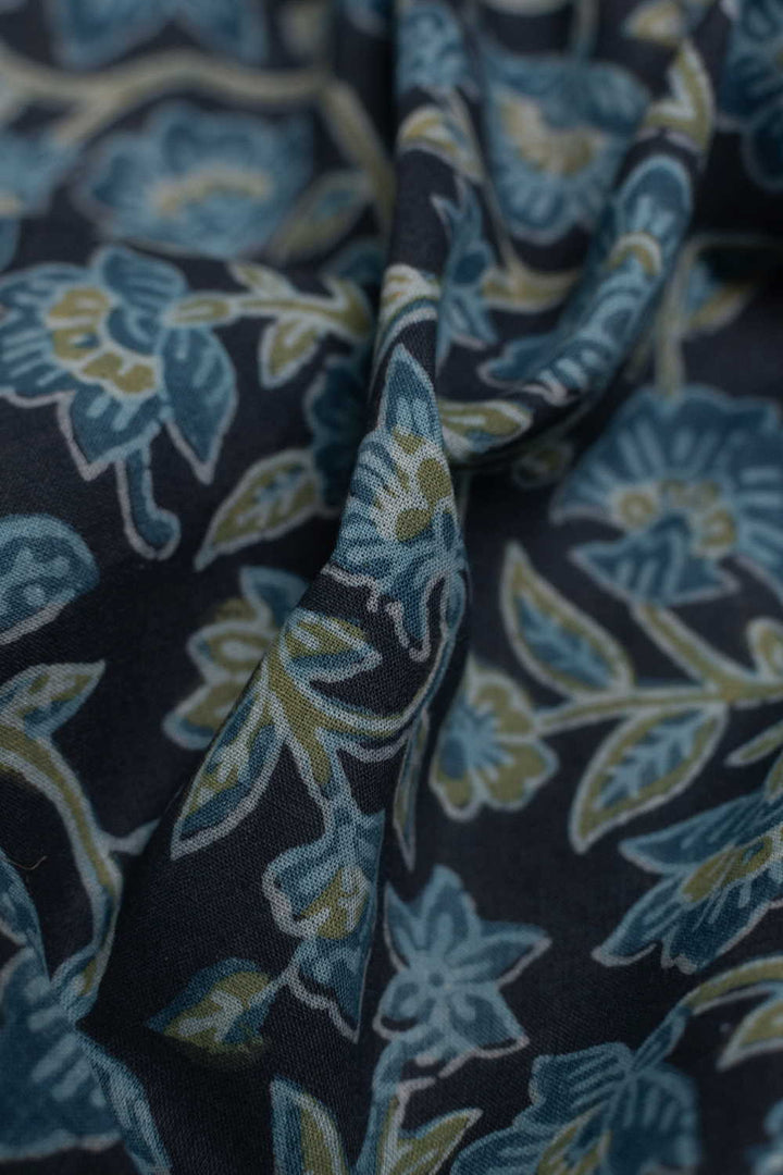 Blue Floral Bagru Cotton Fabric