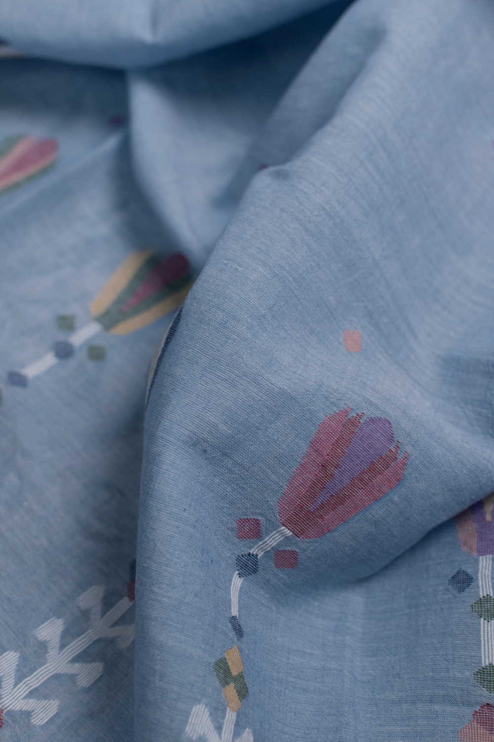 Prettiest Border on Blue Jamdani Cotton Fabric - 0.55m