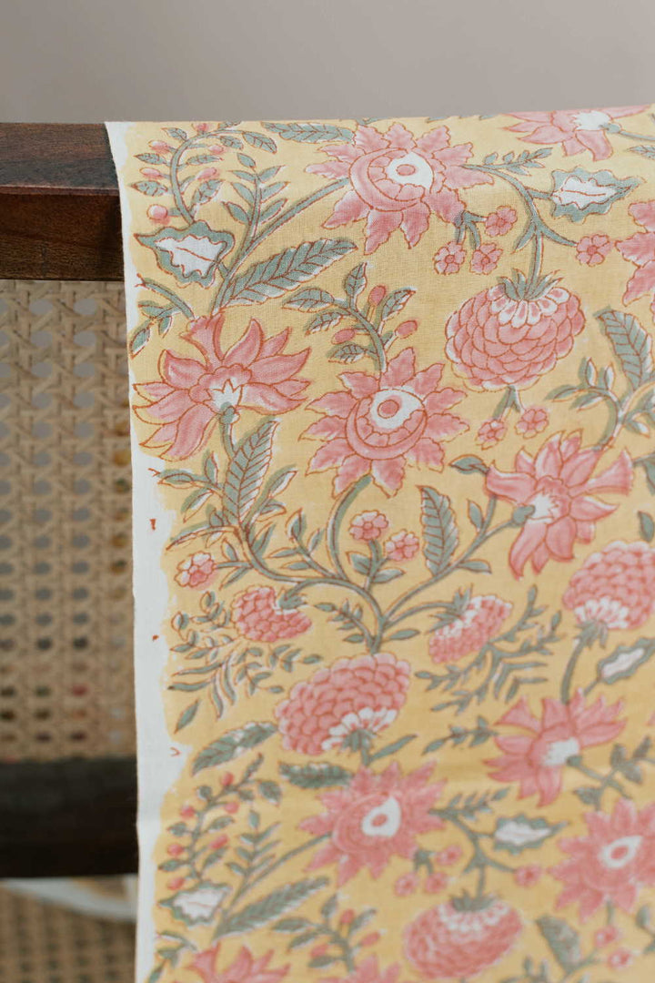 Peach Leafy Floral on Yellow Sanganeri Fabric - 1.4m