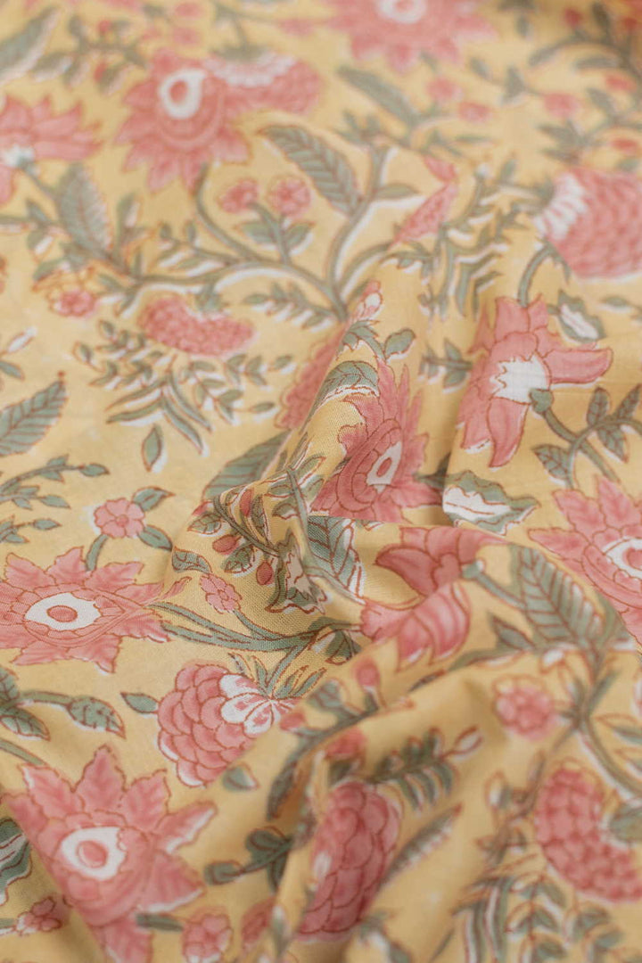 Peach Leafy Floral on Yellow Sanganeri Fabric - 1.4m