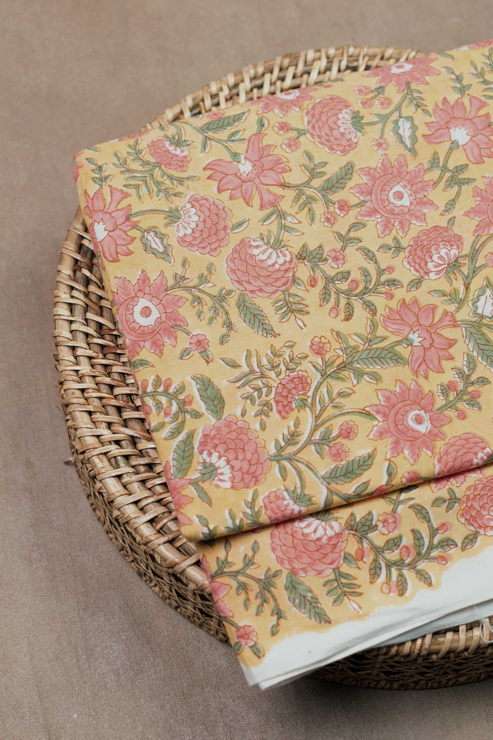 Peach Leafy Floral on Yellow Sanganeri Fabric - 1.4m