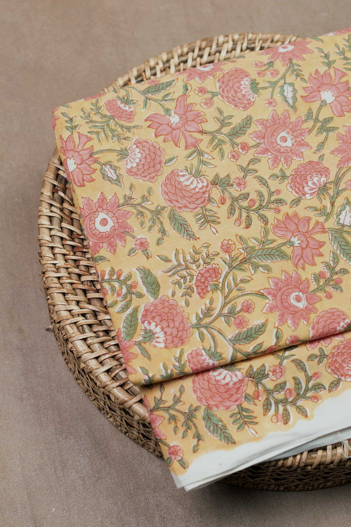 Peach Leafy Floral on Yellow Sanganeri Fabric - 1.4m