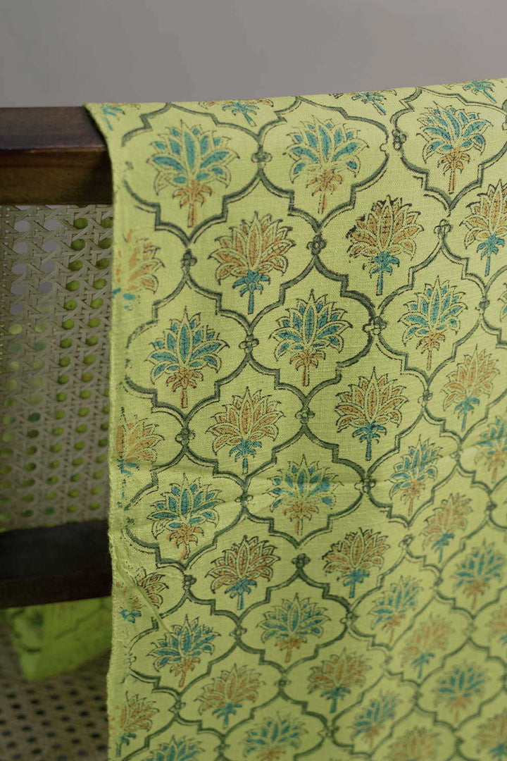 Floral on Green Block Printed Mangalagiri Cotton Fabric