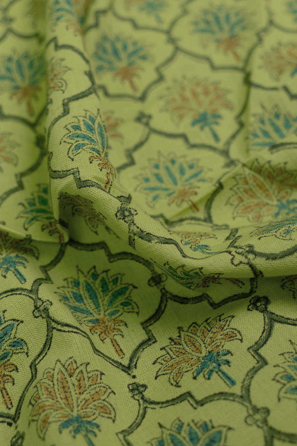Floral on Green Block Printed Mangalagiri Cotton Fabric