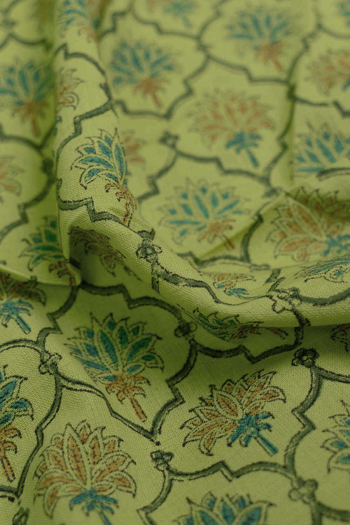 Floral on Green Block Printed Mangalagiri Cotton Fabric