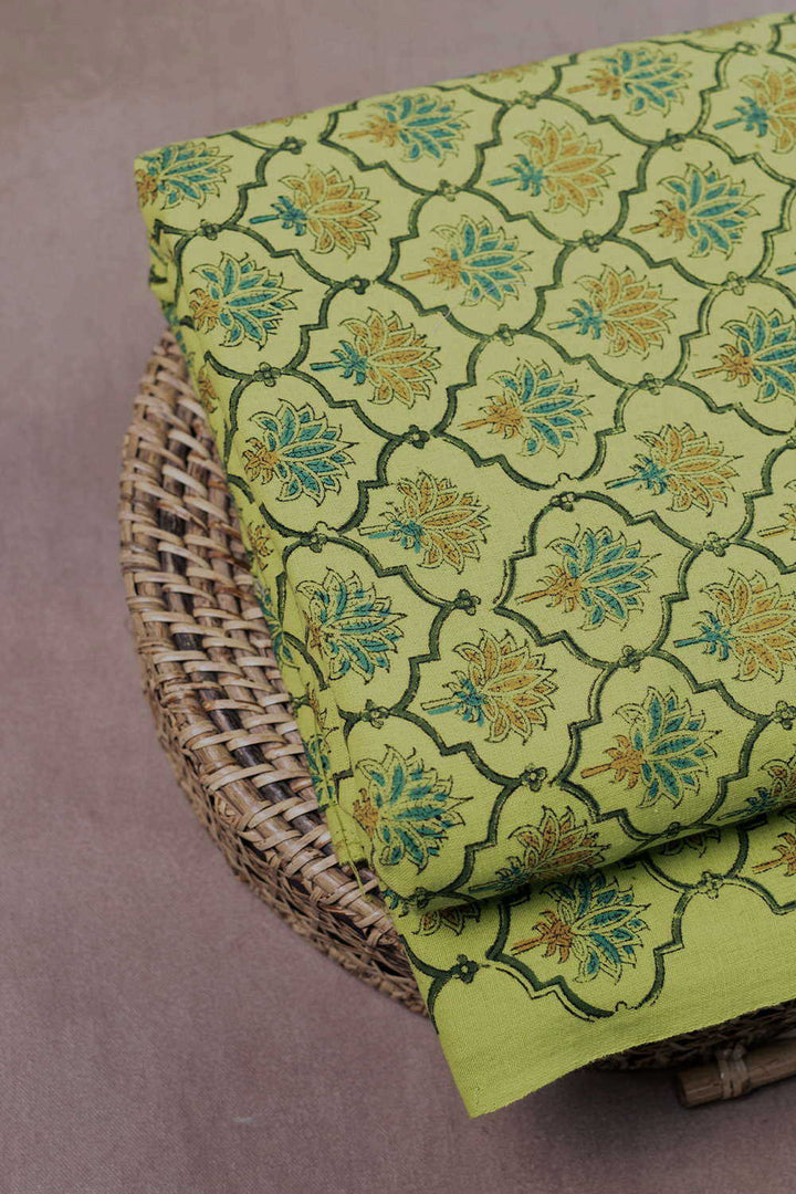 Floral on Green Block Printed Mangalagiri Cotton Fabric