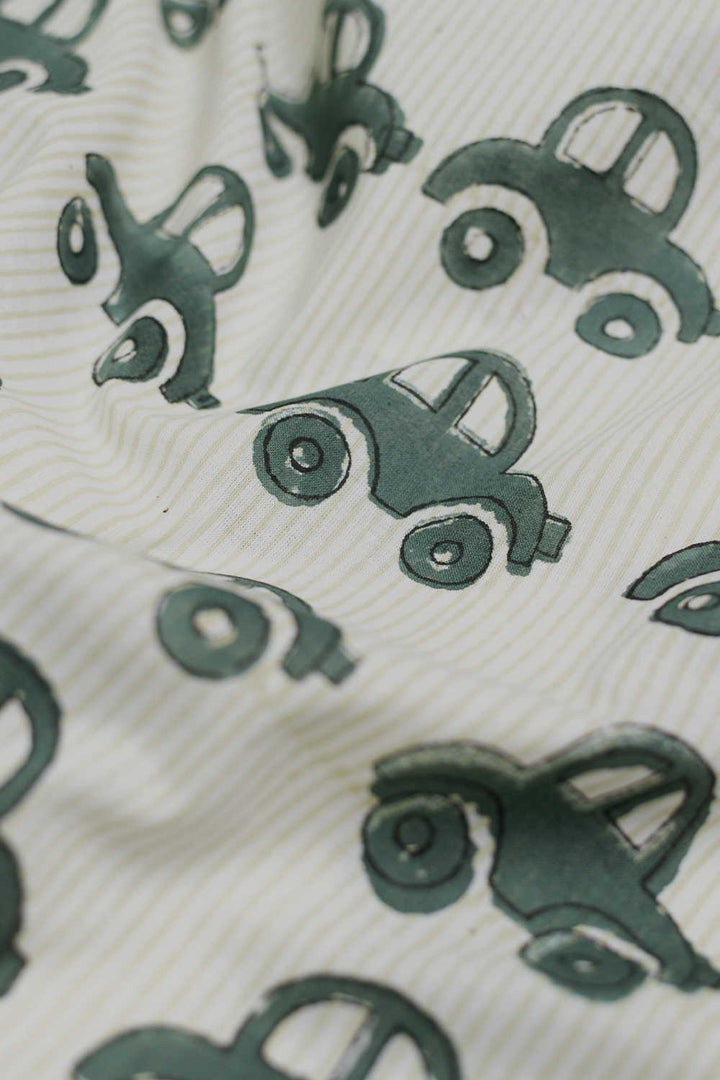 Green Car with Striped Sanganeri Cotton Fabric