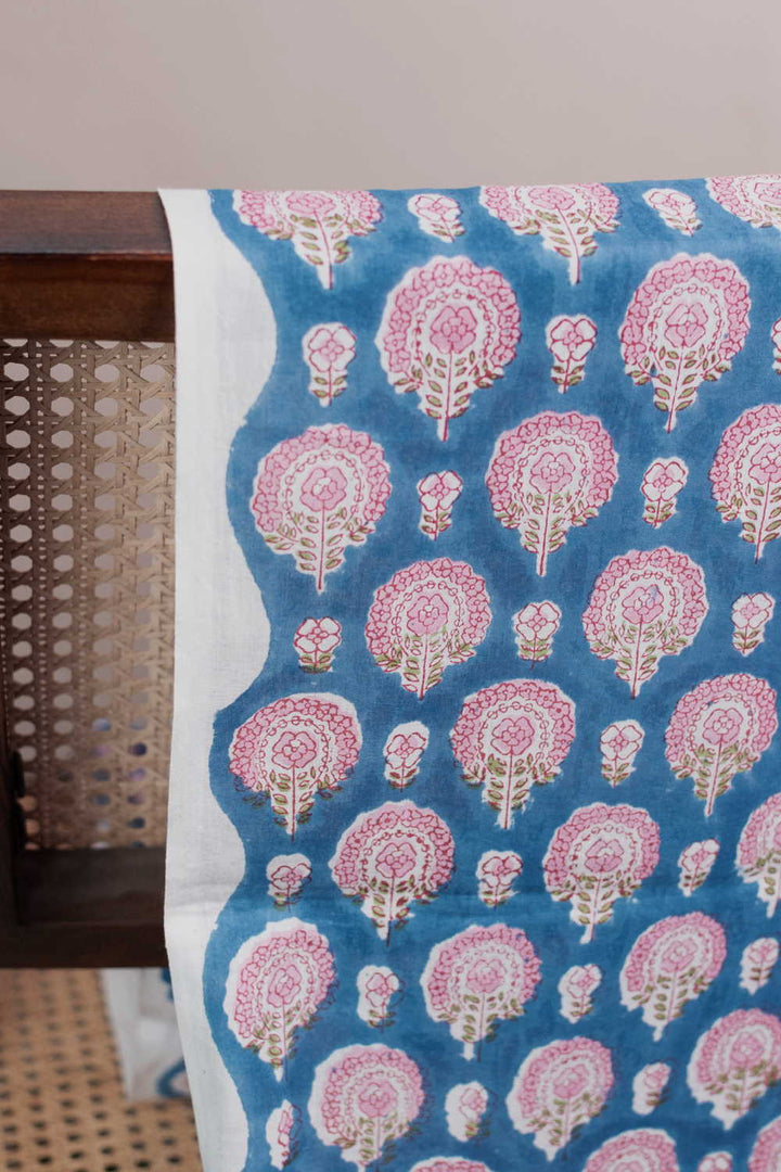 Blue with Pink Motifs Sanganeri Cotton Fabric