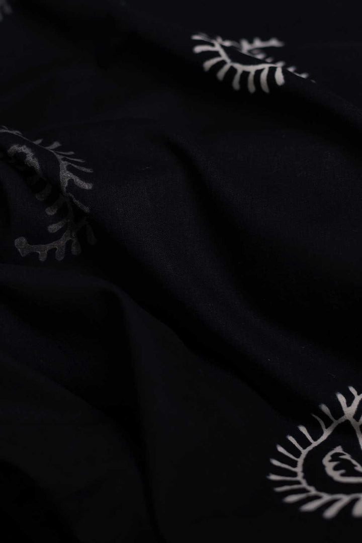 Black with Paisley Motifs Sanganeri Cotton Fabric - 0.65m