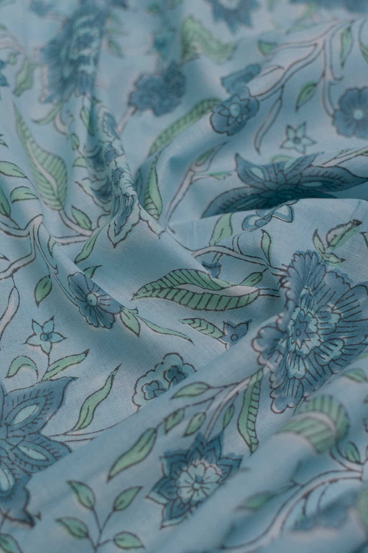 Blue Flowers & Green Leaves Sanganeri Cotton Fabric - 1.3m