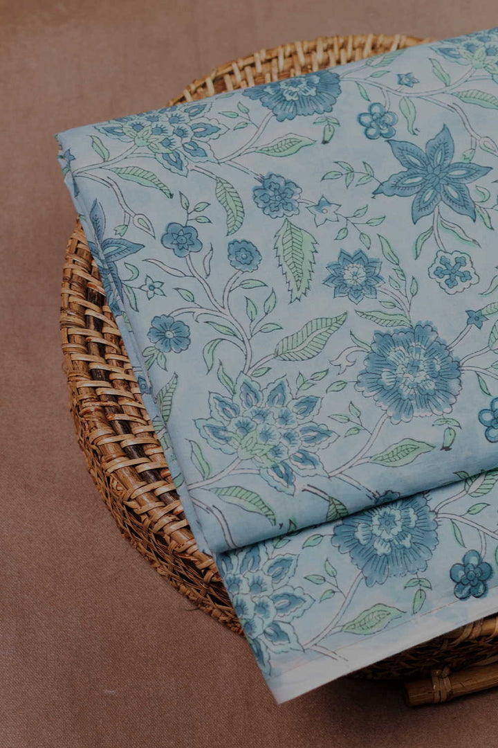 Blue Flowers & Green Leaves Sanganeri Cotton Fabric - 1.3m