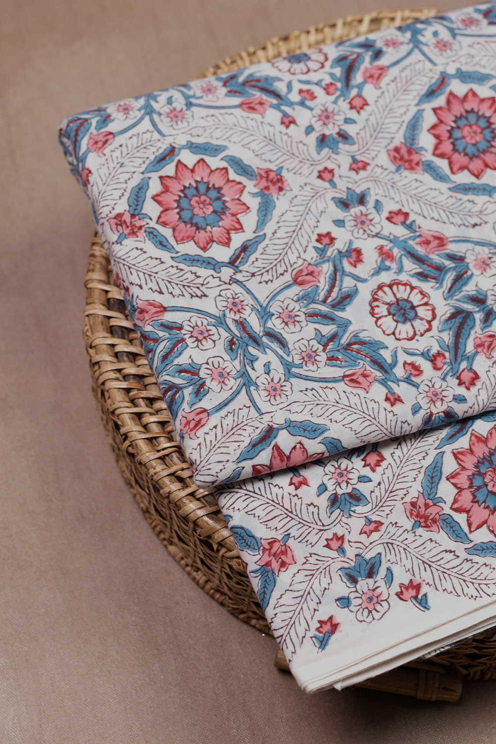 Hand block printed Sanganeri cotton fabric with floral motifs - Matkatus 