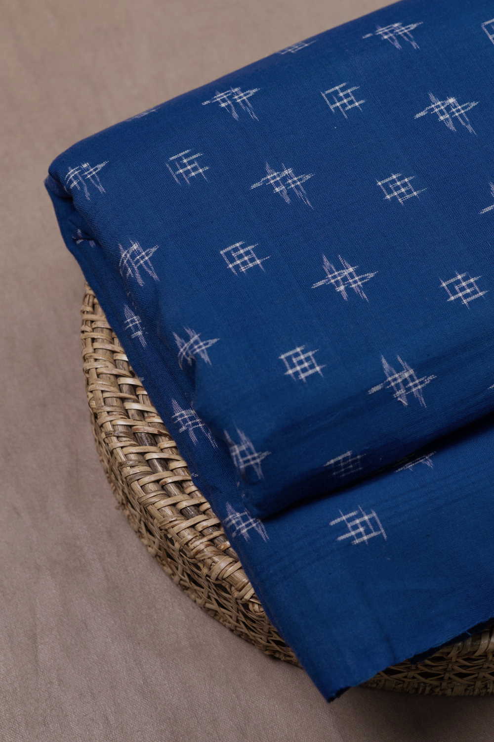 Cream Buttas on Blue Ikat Cotton Fabric