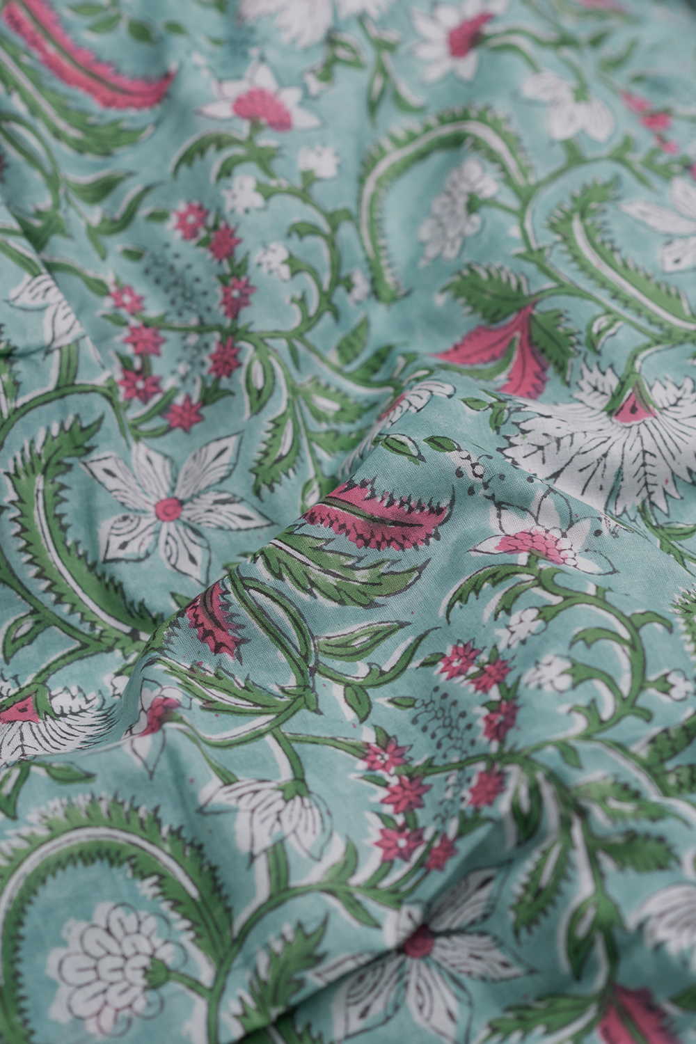 Meadow Mint Florals Sanganeri Mul Cotton Fabric - 0.5m