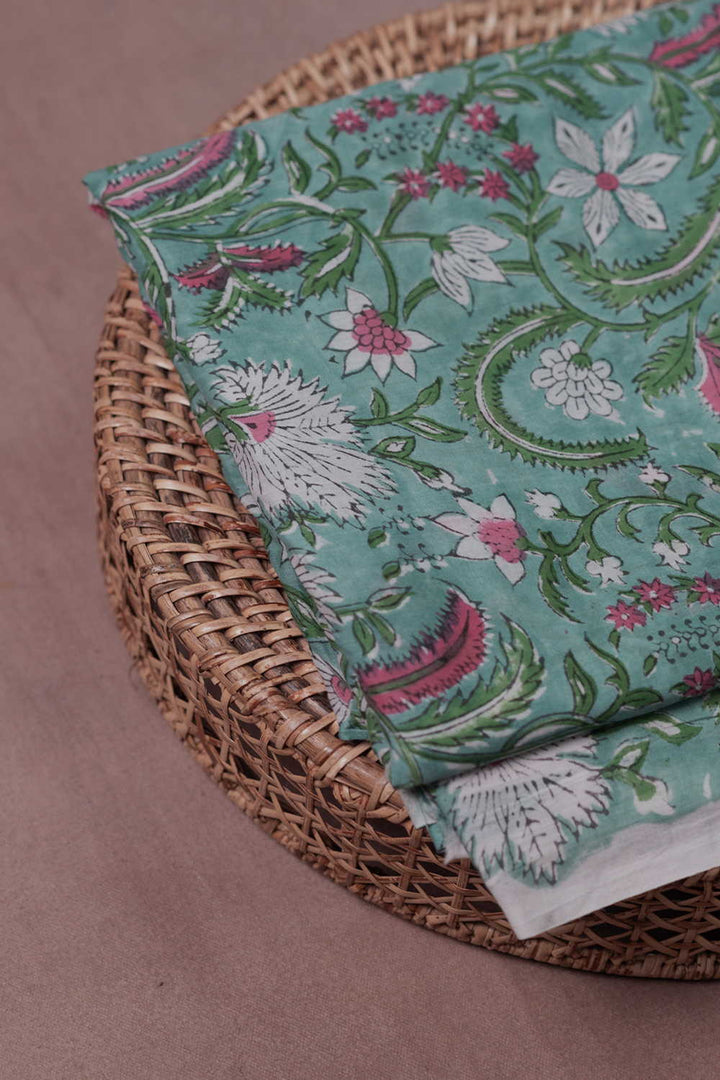 Meadow Mint Florals Sanganeri Mul Cotton Fabric - 0.5m