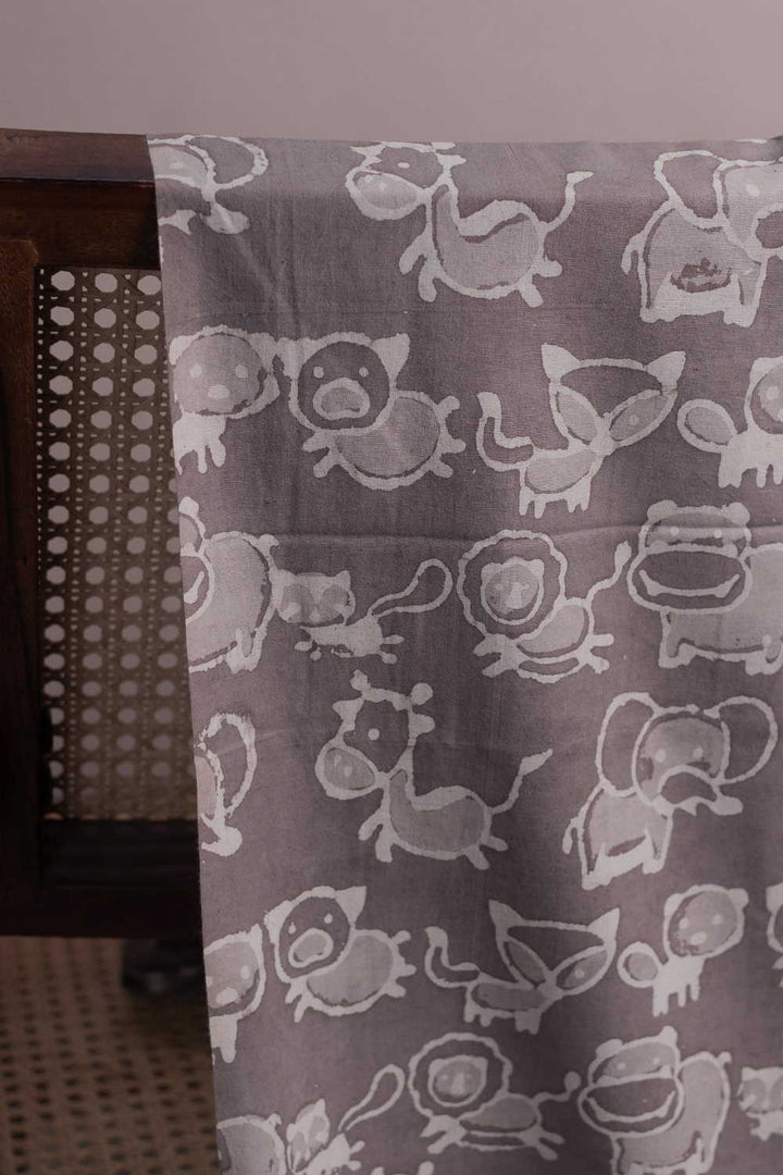 Wild Animals - Grey Dabu Cotton Fabric