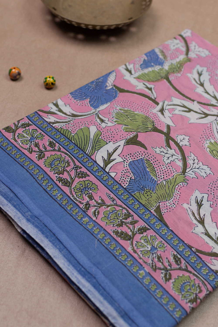 Florals on Pink Block Printed Mul Cotton saree