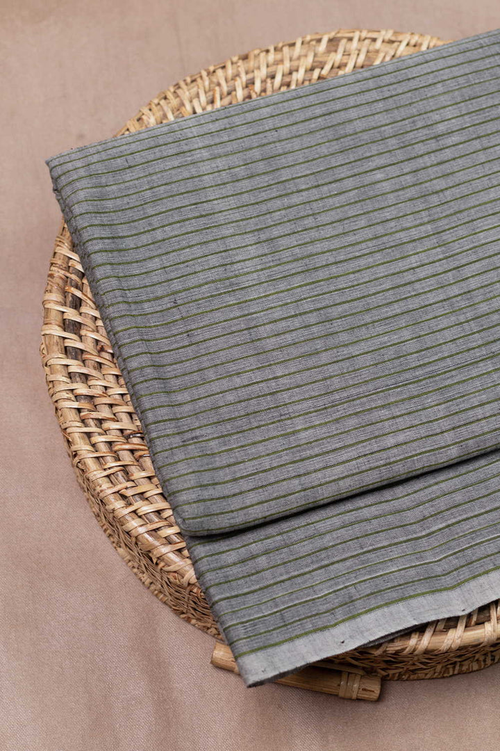 Green Stripe on Grey Mangalagiri Cotton Fabric