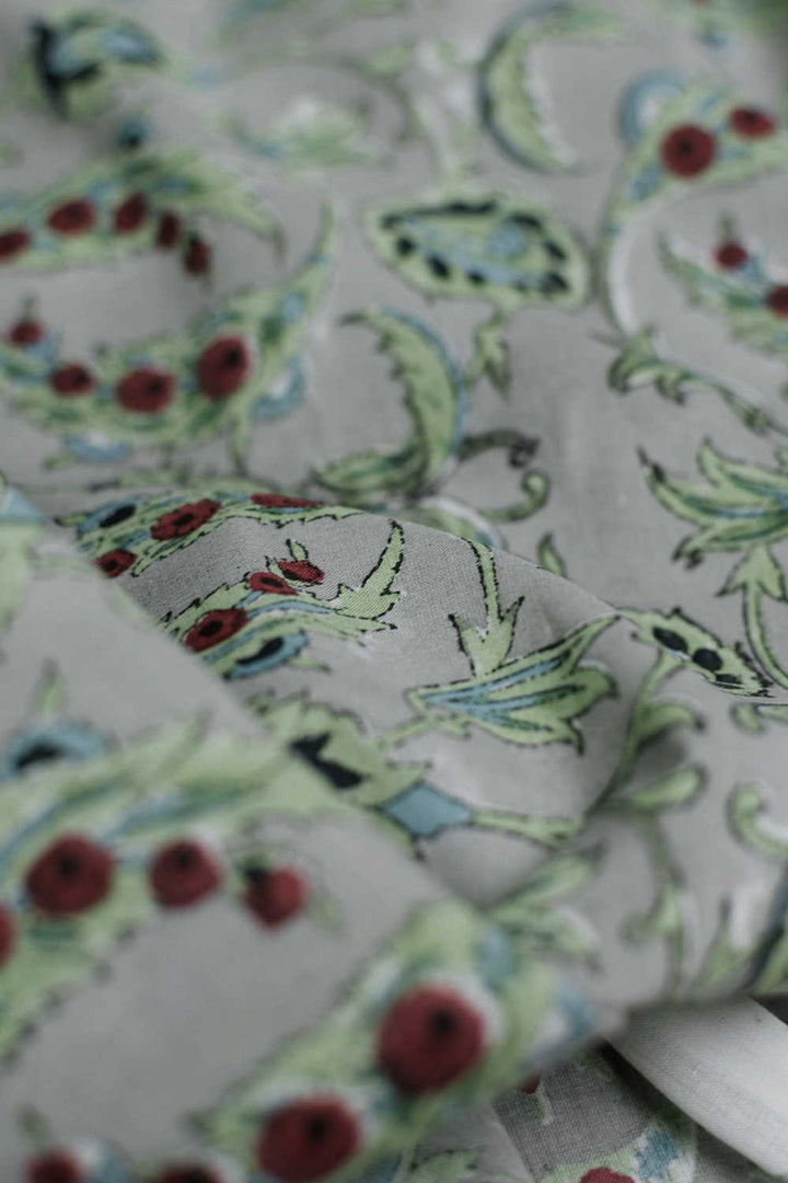 Stone Grey with Florals Sanganeri Cotton Fabric-1.2m