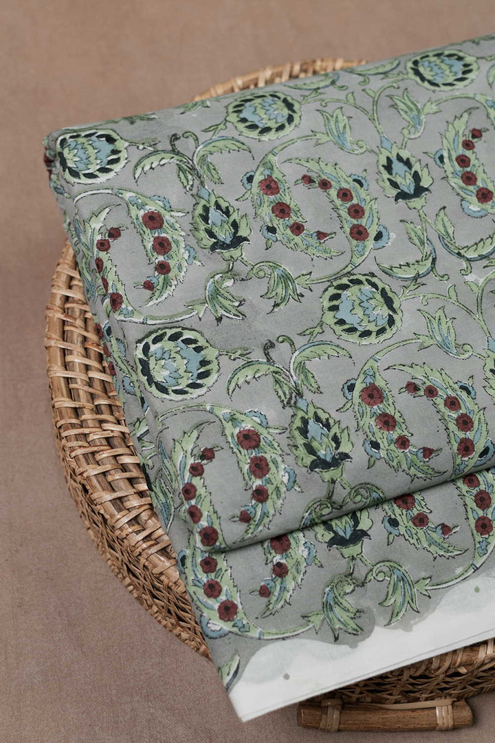 Stone Grey with Florals Sanganeri Cotton Fabric