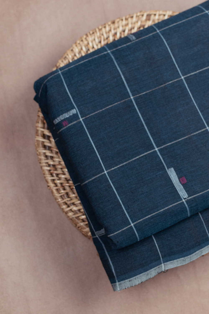 Butta & Stripe on Blue Handwoven Cotton Fabric - 1m