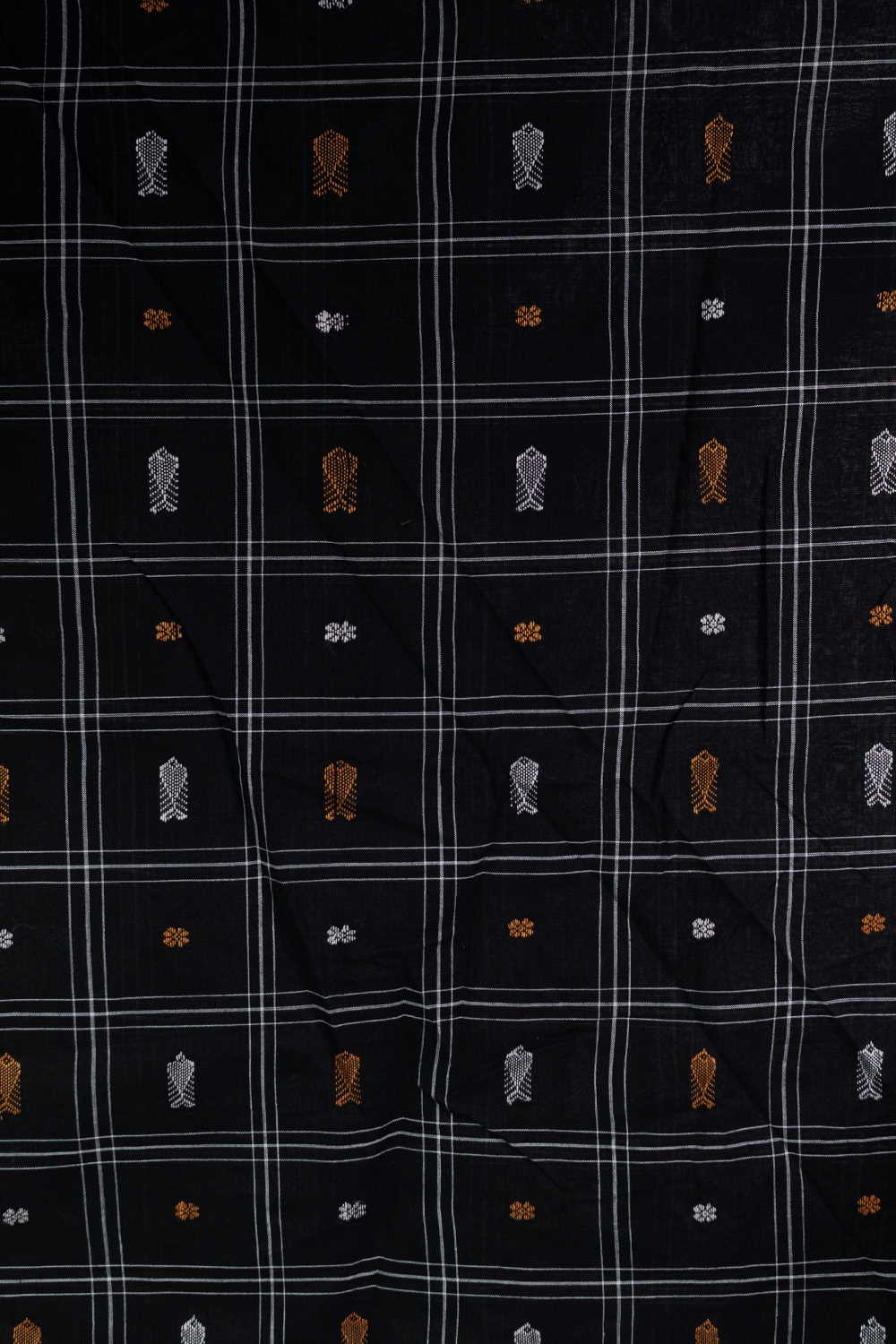 Fish Butta on Black Orissa Ikat Fabric