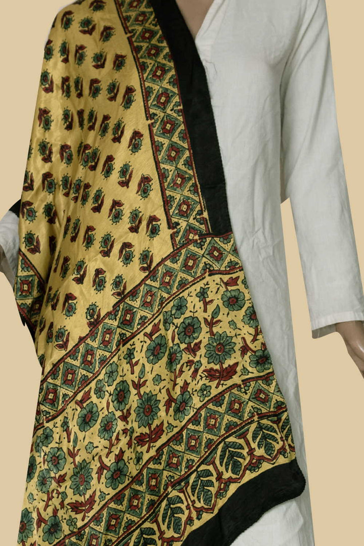 Green Butta's on Yellow Ajrak Modal Silk Stole