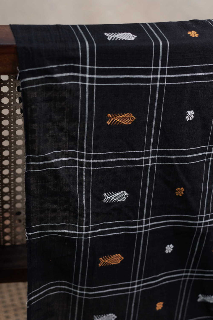 Fish Butta on Black Orissa Ikat Fabric