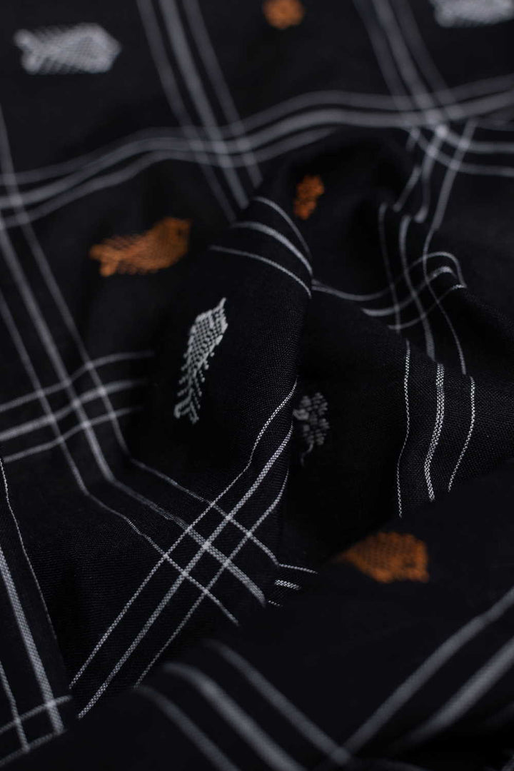 Fish Butta on Black Orissa Ikat Fabric