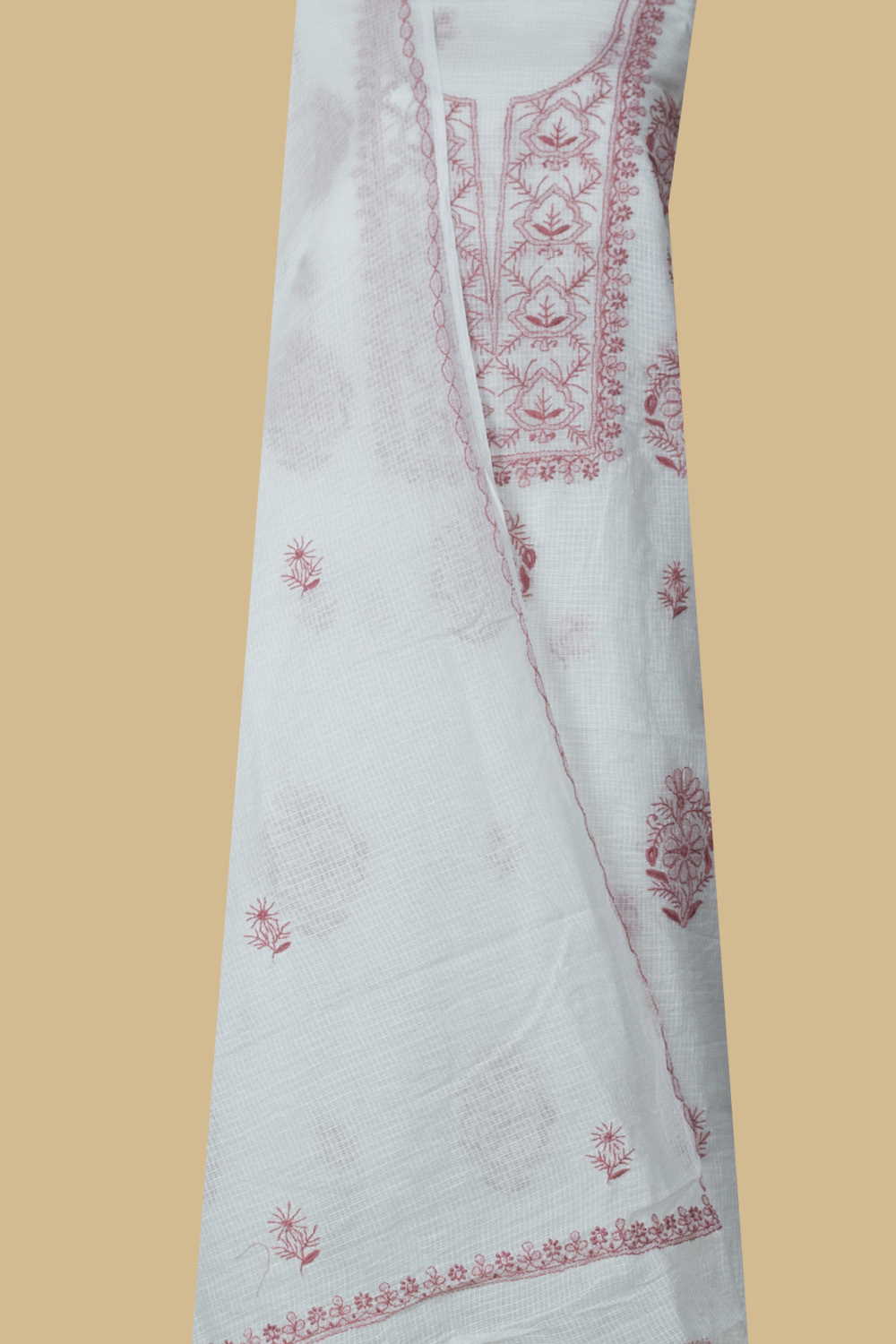 Powder Cream Chikankari Kota Cotton Top & Dupatta