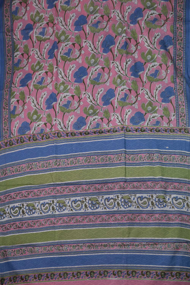 Florals on Pink Block Printed Mul Cotton saree