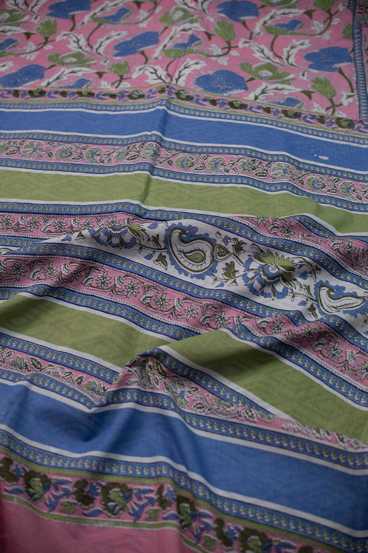 Florals on Pink Block Printed Mul Cotton saree