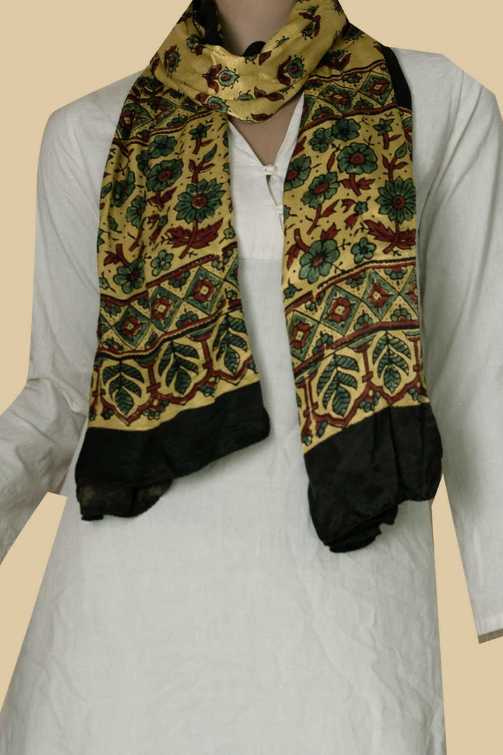 Green Butta's on Yellow Ajrak Modal Silk Stole