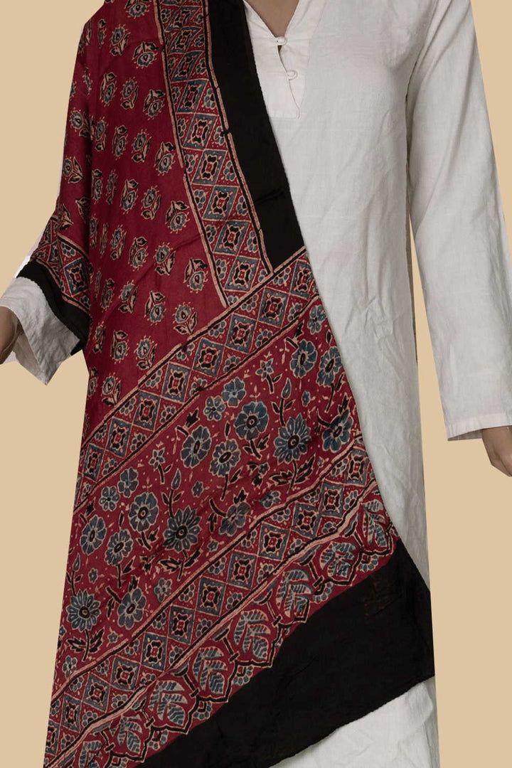 Maroon with Florets Ajrak Modal Silk Stole