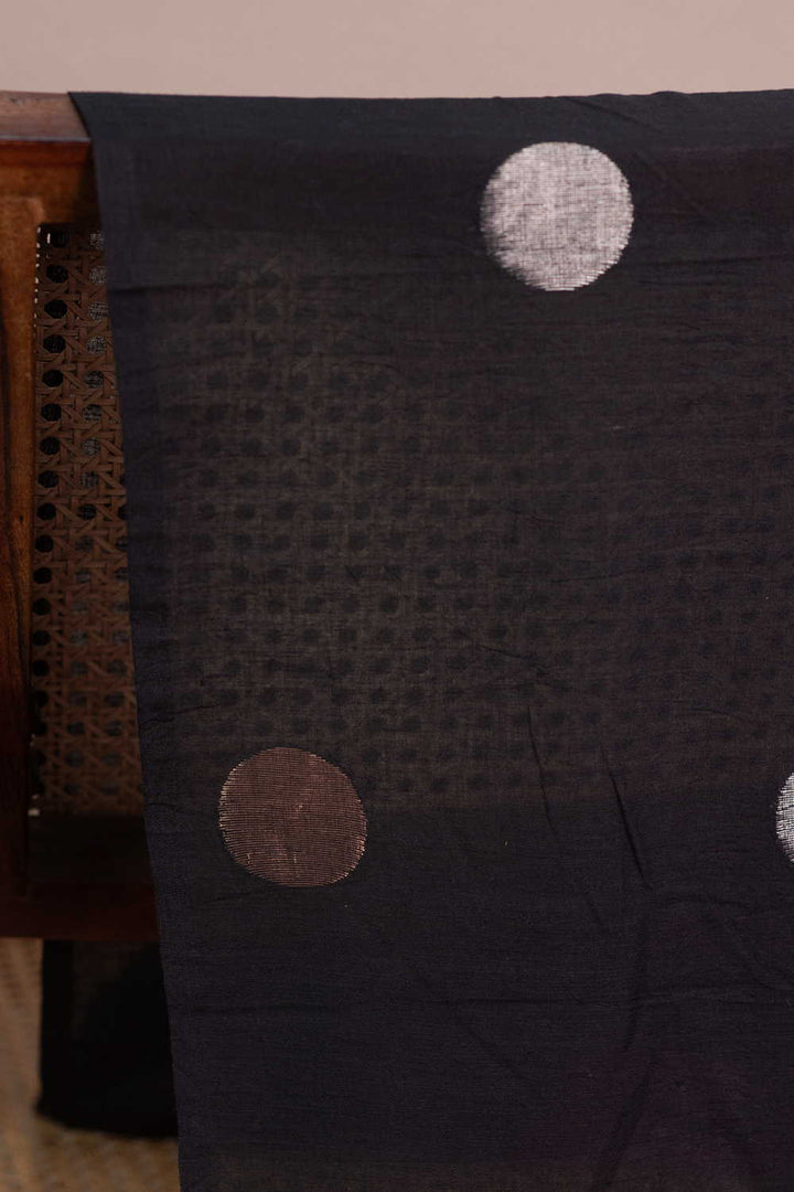 Silver & Gold Zari Polka on Black Jamdani Cotton Fabric