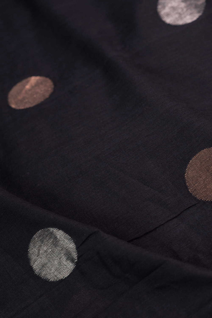 Silver & Gold Zari Polka on Black Jamdani Cotton Fabric